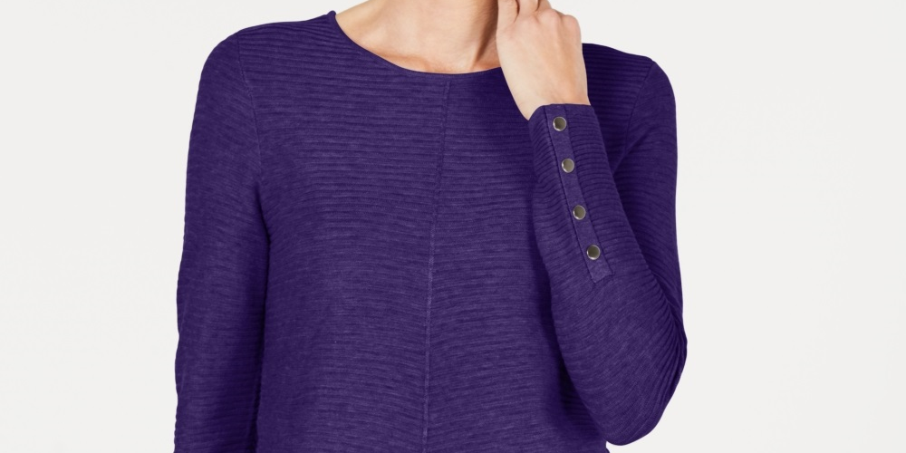 Alfani Women's Ribbed Snap Detail Sweater Purple Size PL