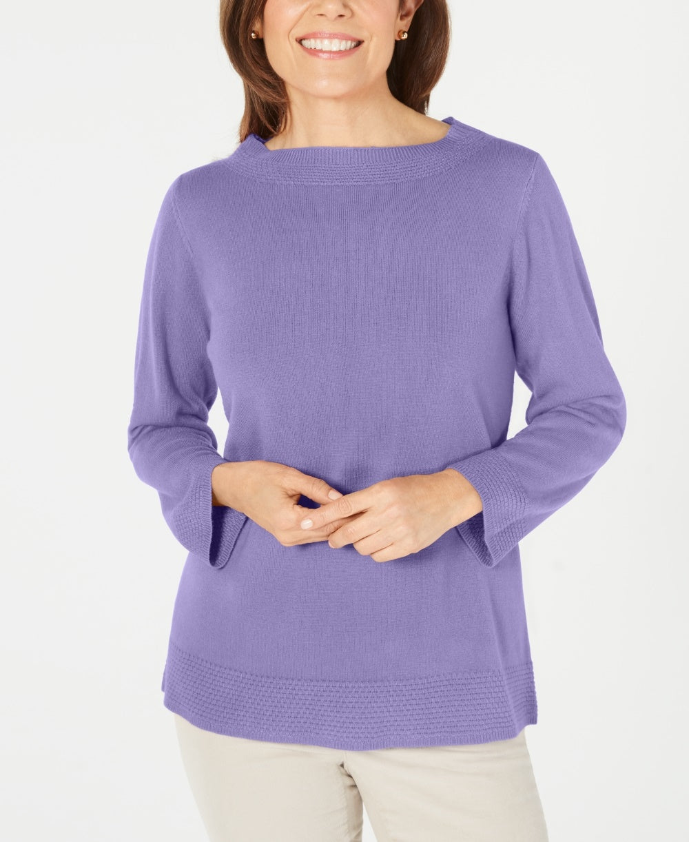 Karen Scott Women's Ribbed Printed Long Sleeve Crew Neck Blouse Top Purple Size Petite Small