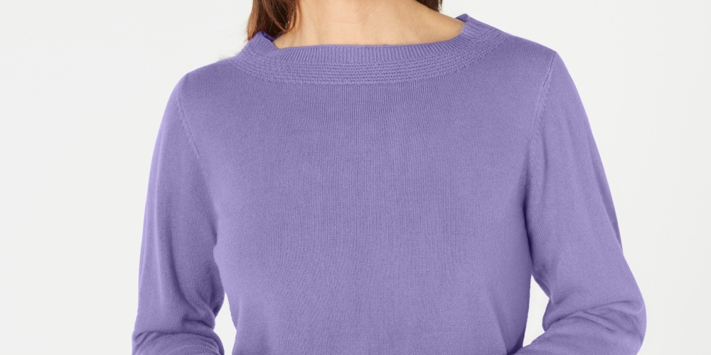 Karen Scott Women's Ribbed Printed Long Sleeve Crew Neck Blouse Top Purple Size Petite Small