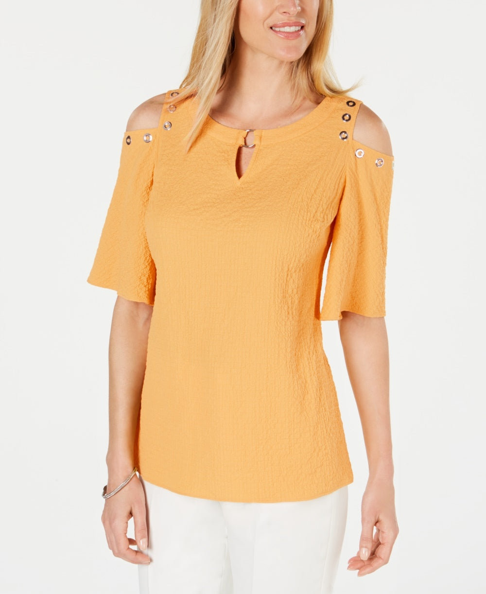 JM Collection Women's Crinkle Texture Cold Shoulder Blouse Yellow Size X-Small