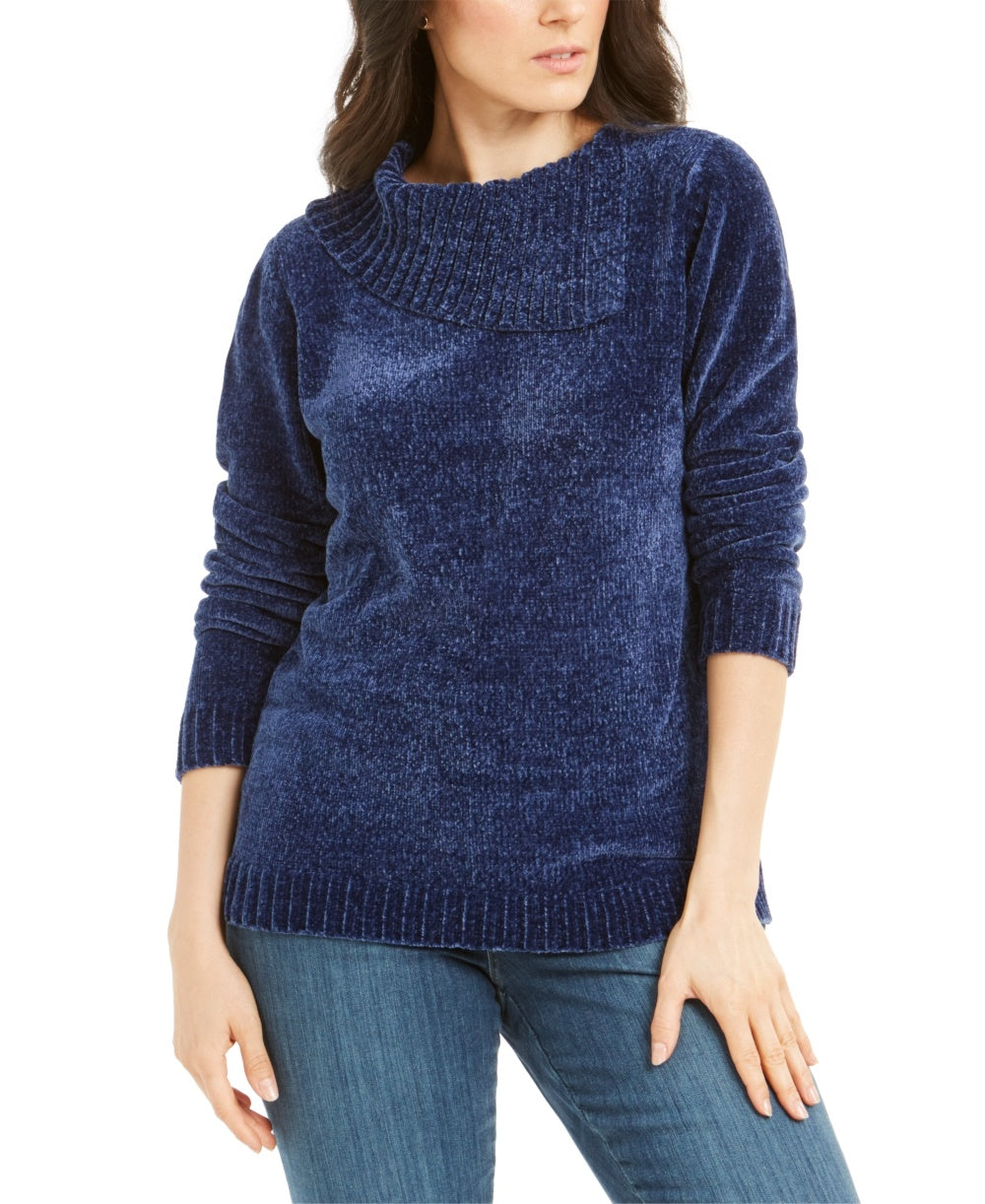 Karen Scott Women's Petite Envelope-Neck Chenille Sweater Blue Size Petite