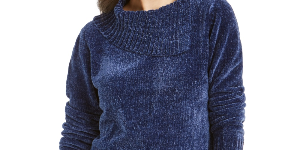 Karen Scott Women's Petite Envelope-Neck Chenille Sweater Blue Size Petite