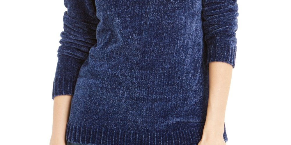Karen Scott Women's Petite Envelope-Neck Chenille Sweater Blue Size Petite