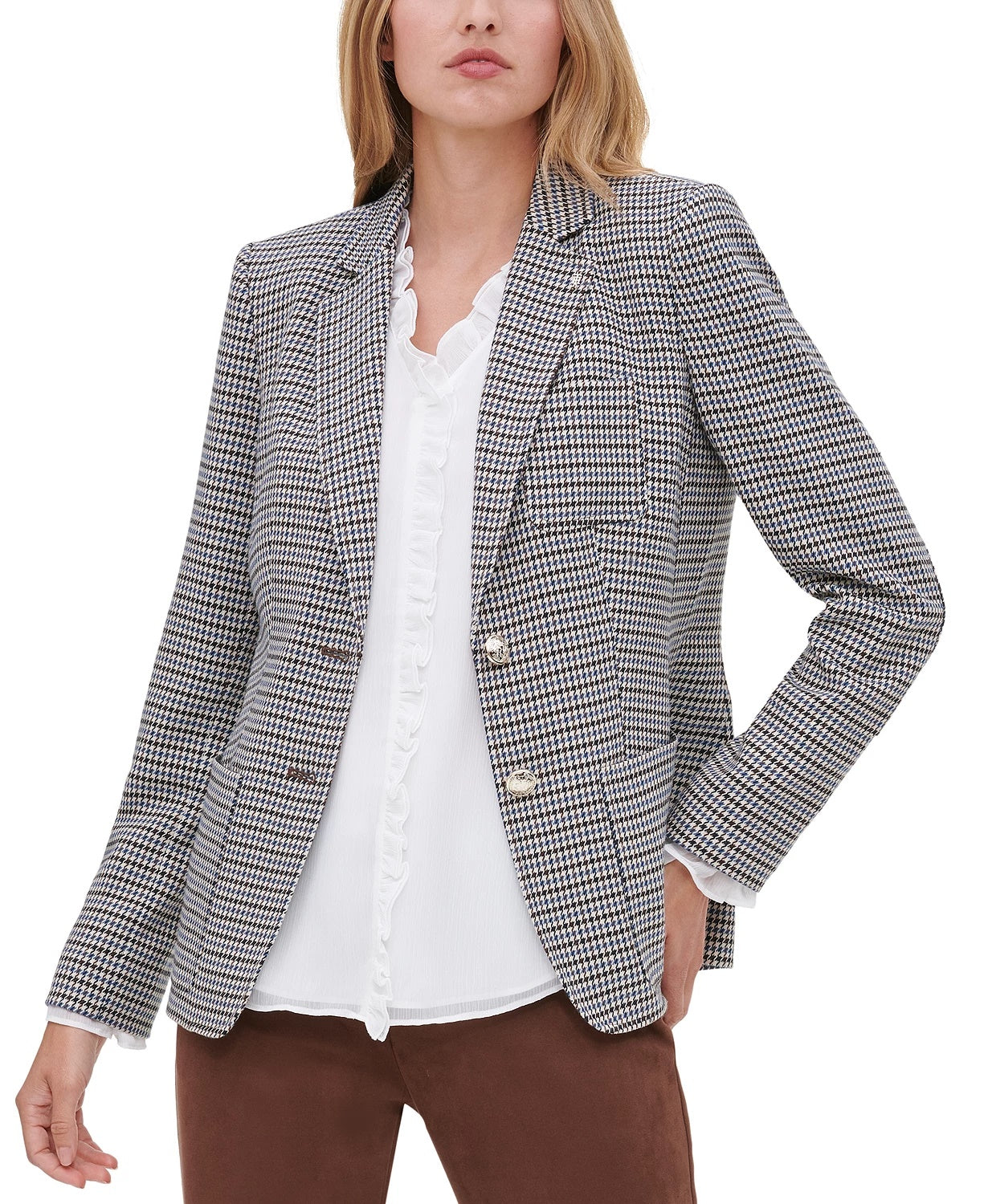 Tommy Hilfiger Women's Two Button Houndstooth Blazer Grey Size 0