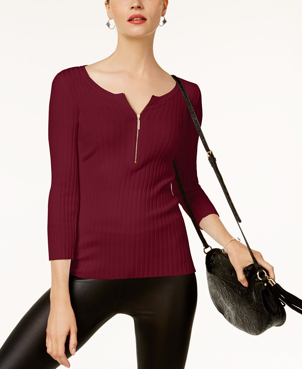 INC International Concepts Women's Zip Henley Wine PL