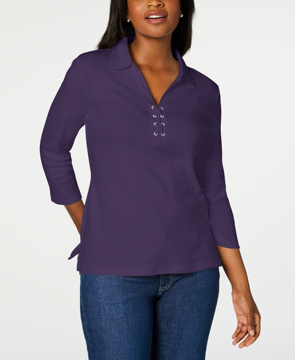 Karen Scott Women's Cotton Lace-Up Shirt Purple Size X-Small
