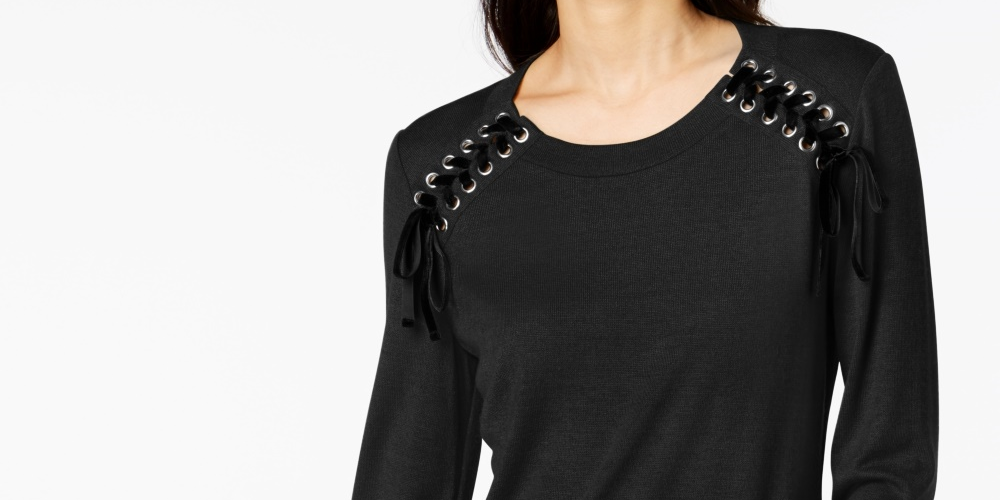 INC International Concepts Women's Ribbon Laced Sweatshirt Black Size Petite Medium