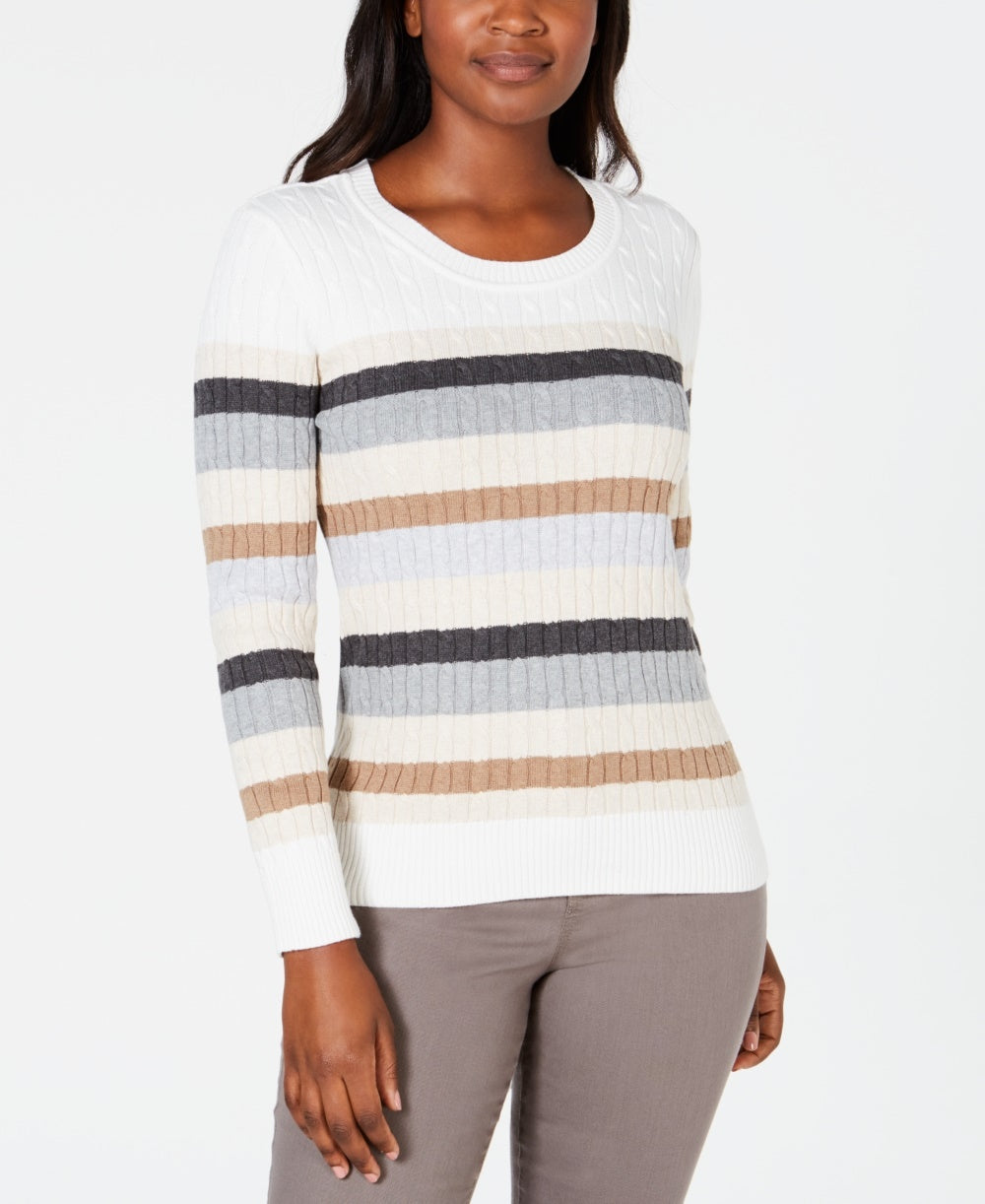Karen Scott Women's Holly Striped Cotton Cable Sweater Brown Size Large