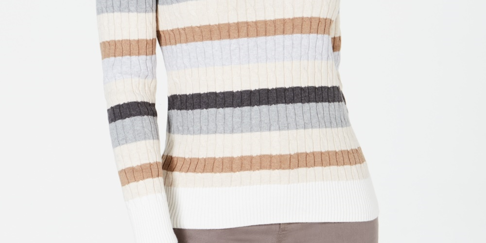 Karen Scott Women's Holly Striped Cotton Cable Sweater Brown Size Large