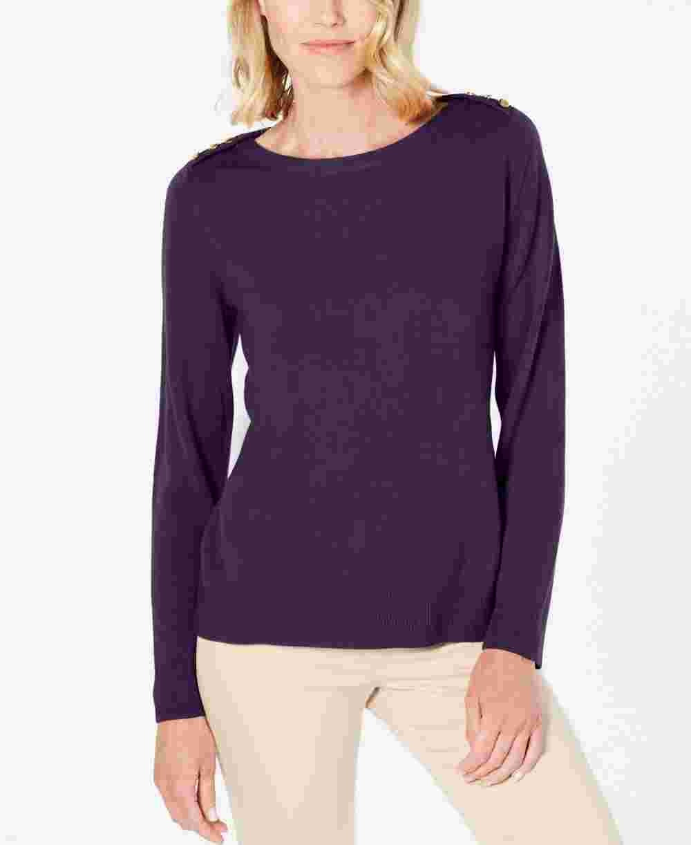 Karen Scott Women's Solid Long Sleeve Crew Neck Blouse Top Purple Size Petite Large