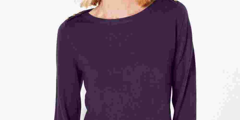 Karen Scott Women's Solid Long Sleeve Crew Neck Blouse Top Purple Size Petite Large
