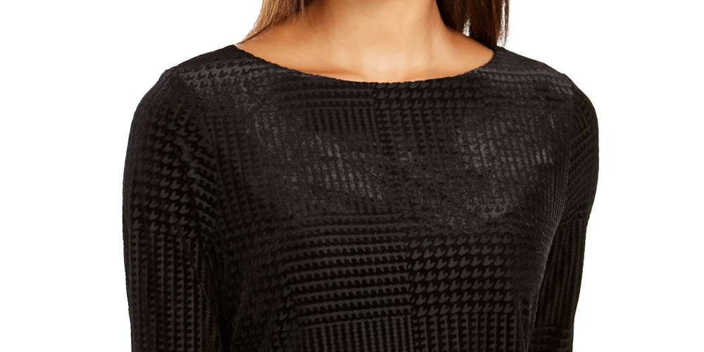 Charter Club Women's Patterned Long Sleeve Boat Neck Blouse Evening Top Black Size PL