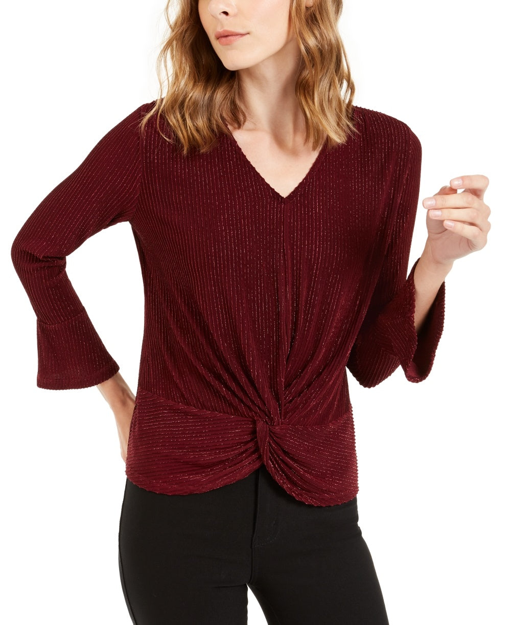 Alfani Women's Metallic Striped Knot Front Top Red Size Petite X-Large