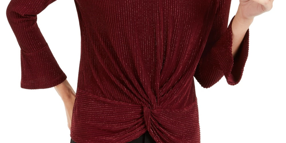 Alfani Women's Metallic Striped Knot Front Top Red Size Petite X-Large