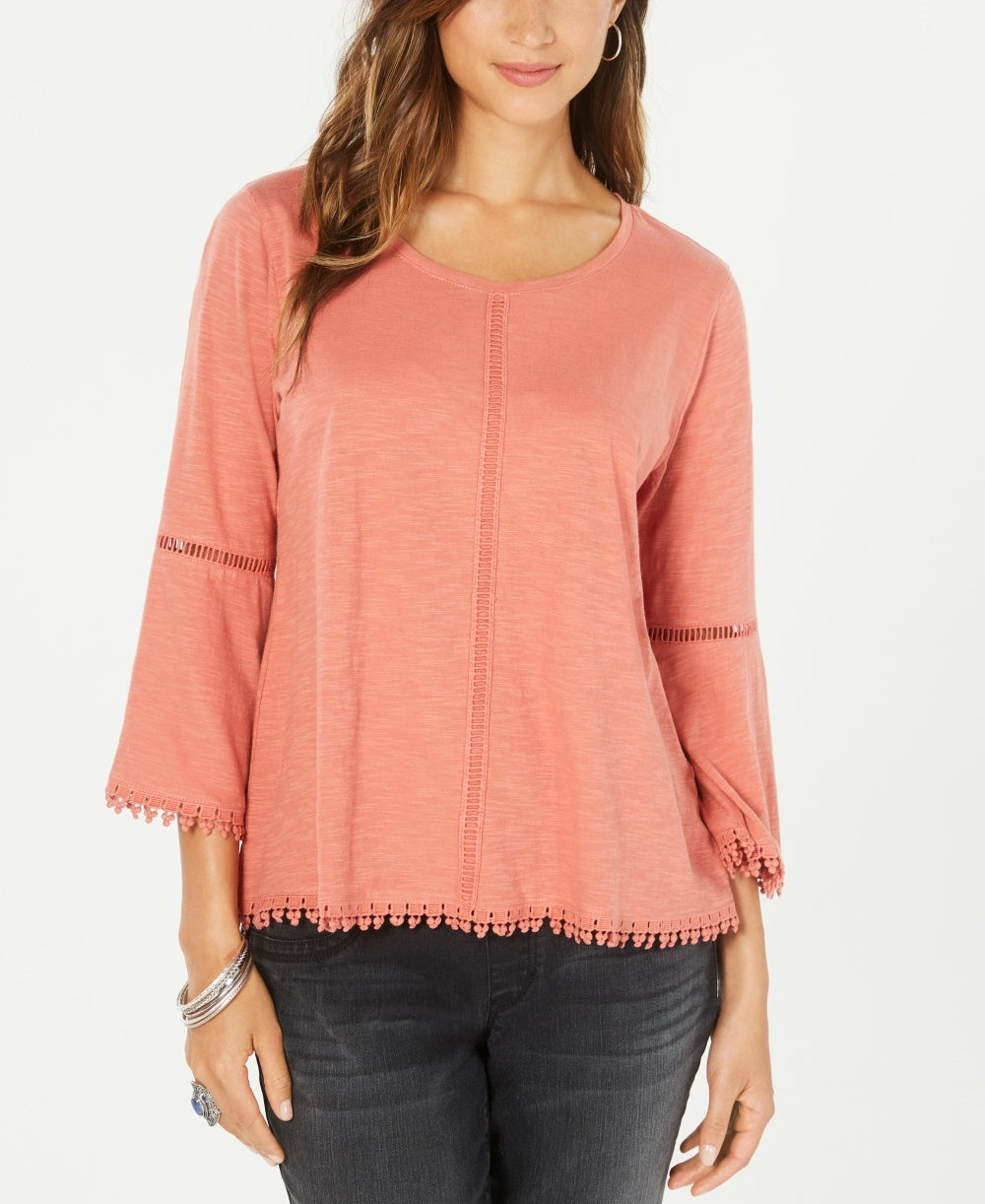 Style & Co Women's Petite Crochet-Trim Bell-Sleeve Top Orange Size PM
