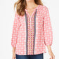 Charter Club Women's Petite Printed Split-Neck 3/4-Sleeve Top Pink Size Petite X-Large