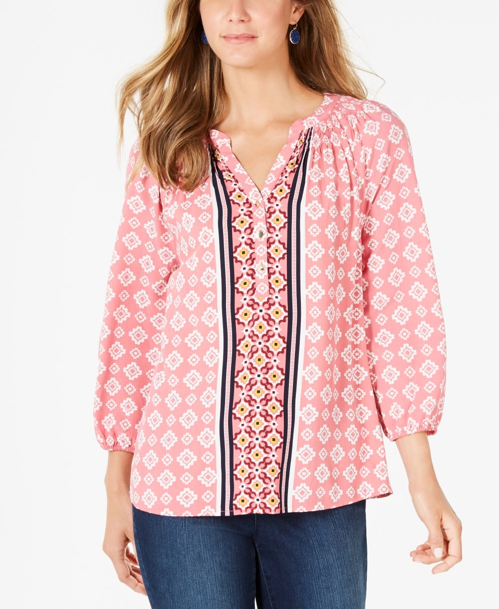 Charter Club Women's Petite Printed Split-Neck 3/4-Sleeve Top Pink Size Petite X-Large