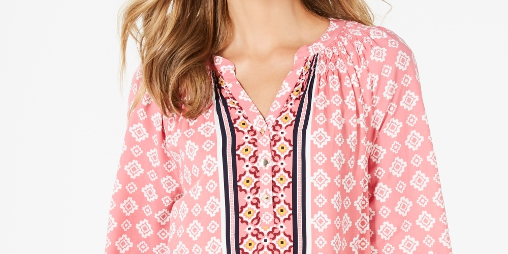 Charter Club Women's Petite Printed Split-Neck 3/4-Sleeve Top Pink Size Petite X-Large