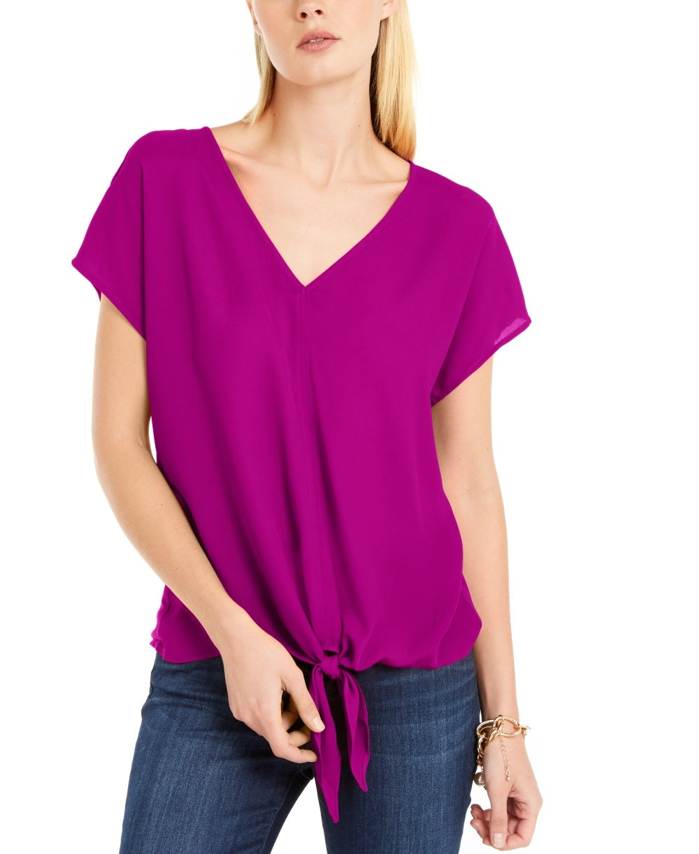 INC International Concepts Women's Short Sleeve V Neck Top Pink Size Petite Small