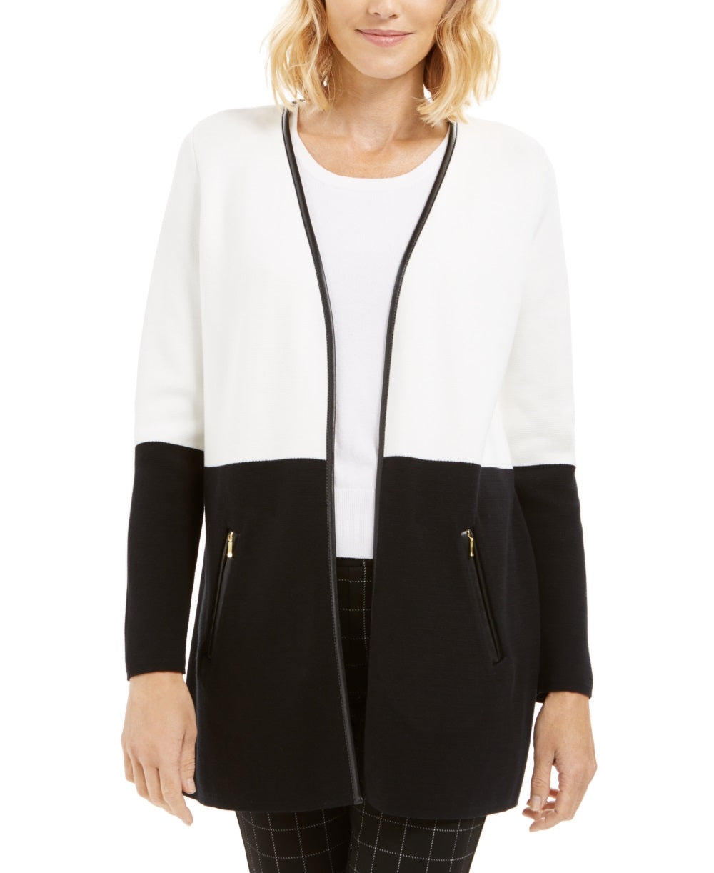 Charter Club Women's Petite Faux Leather Trim Colorblock Cardigan White Size Petite X-Large