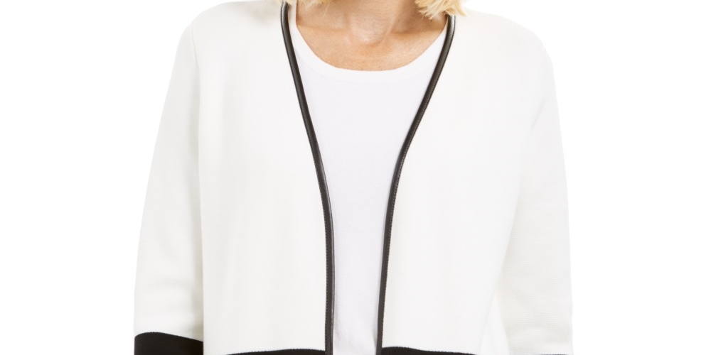 Charter Club Women's Petite Faux Leather Trim Colorblock Cardigan White Size Petite X-Large