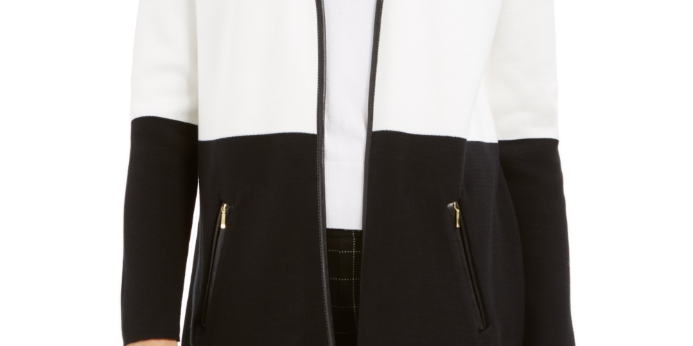 Charter Club Women's Petite Faux Leather Trim Colorblock Cardigan White Size Petite X-Large