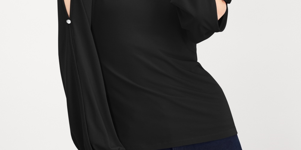 INC International Concepts Women's Split-Sleeve Rhinestone-Button Top Black Size Petite Small