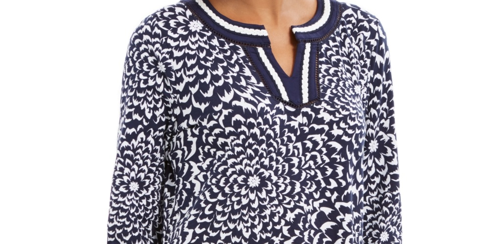 Charter Club Women's Printed Crochet Trim Tunic Top Blue Size X-Small