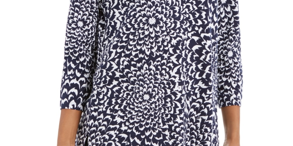 Charter Club Women's Printed Crochet Trim Tunic Top Blue Size X-Small