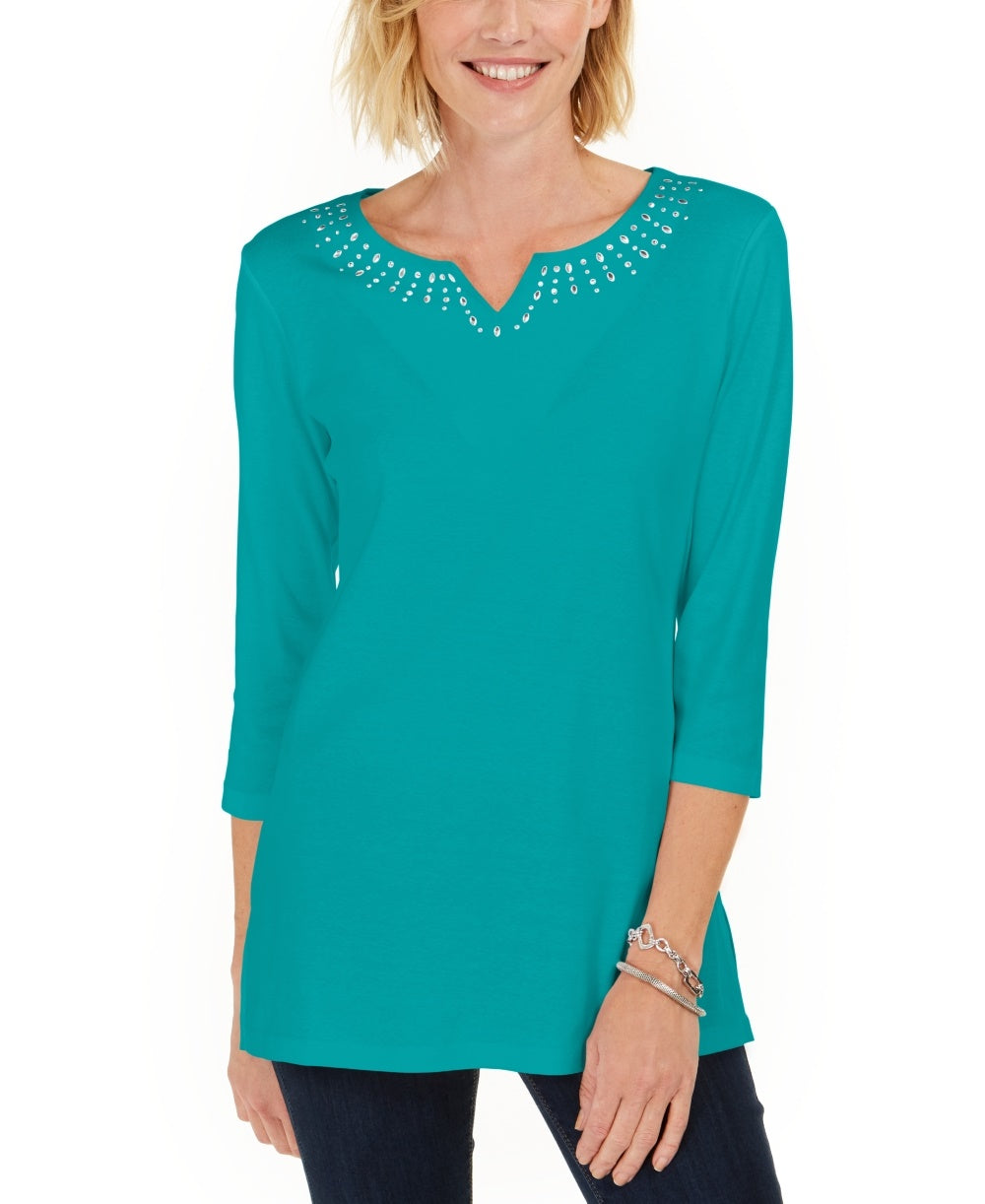 Karen Scott Women's Cotton Studded Split-Neck Top Blue Size Medium