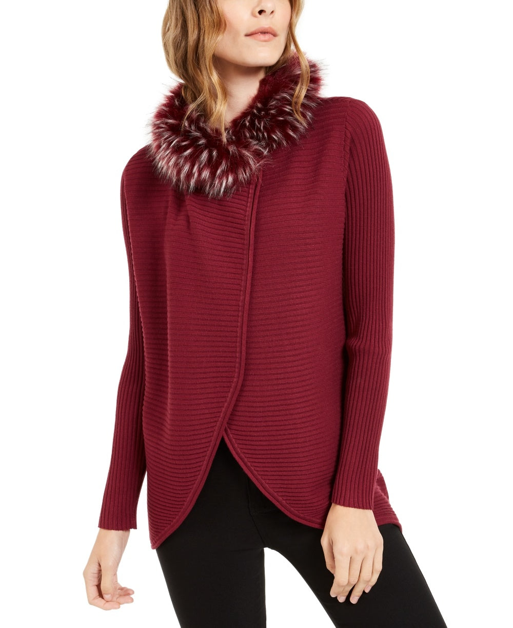 Alfani Women's Faux Fur Trim Convertible Cardigan Red Size Petite X-Large