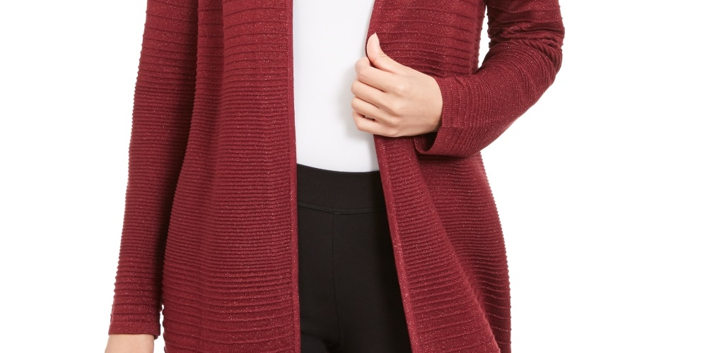 Alfani Women's Petite Lurex Stitch Cardigan Red PL