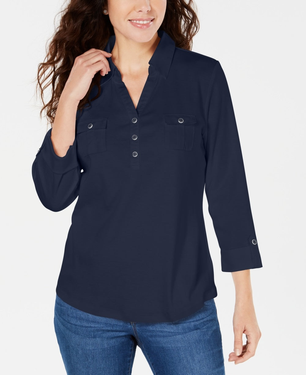 Karen Scott Women's 3/4 Sleeve Polo Shirt Blue Size Petite X-Large