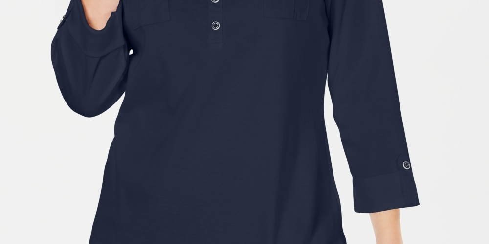 Karen Scott Women's 3/4 Sleeve Polo Shirt Blue Size Petite X-Large