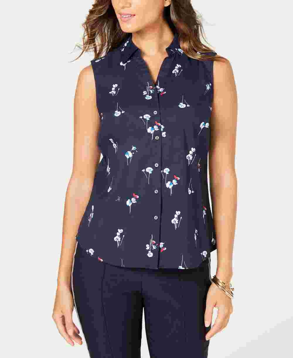 Charter Club Women's Petite Floral-Print Shirt  Blue Size 14 P