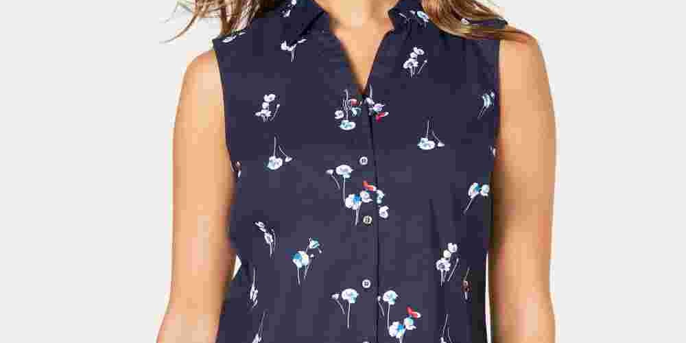 Charter Club Women's Petite Floral-Print Shirt  Blue Size 14 P