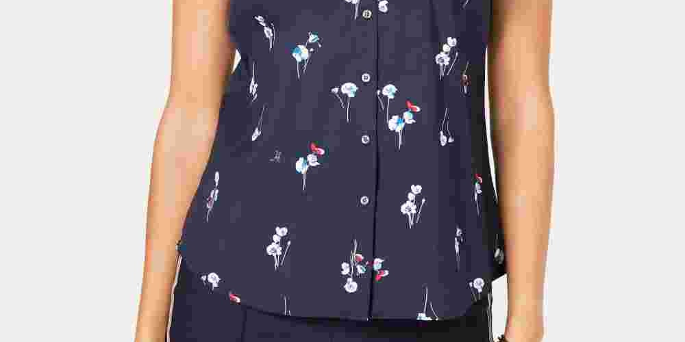 Charter Club Women's Petite Floral-Print Shirt  Blue Size 14 P
