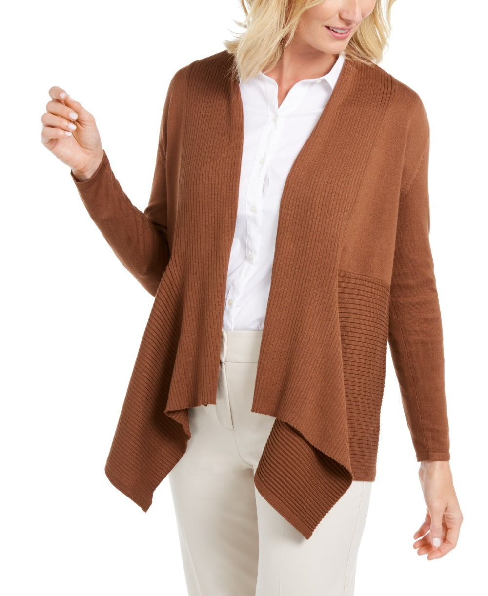 JM Collection Women's Petite Mixed-Ribbed Flyaway Cardigan Brown Size Petite Medium