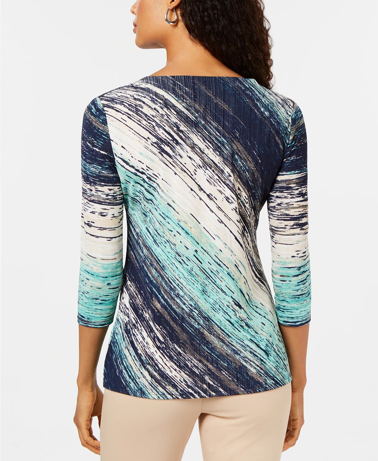 JM Collection Women's Asymmetrical Foil Textured Top Blue Size Petite Small