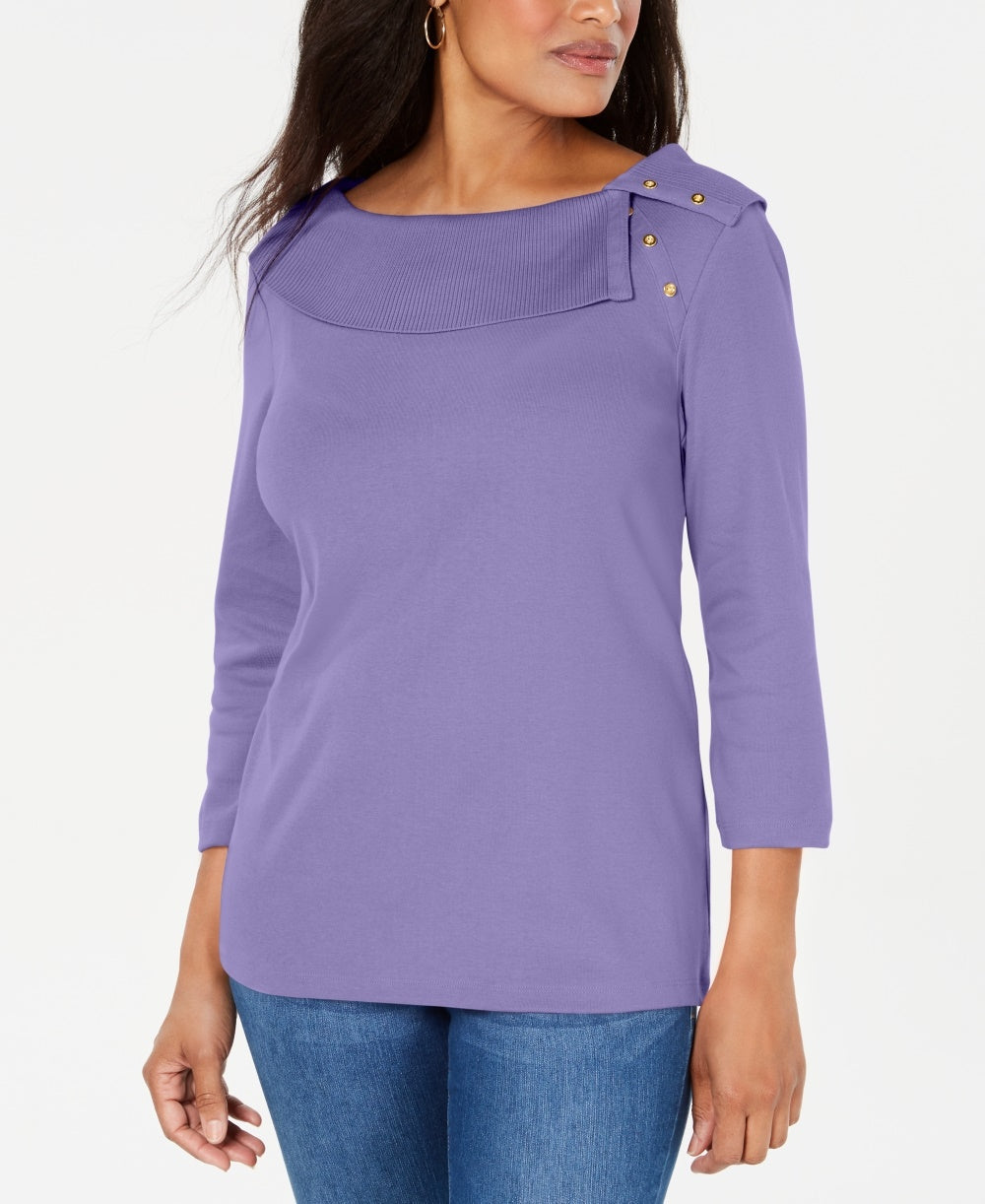 Karen Scott Women's Cotton Shawl-Collar Button Top Purple Size XX-Large