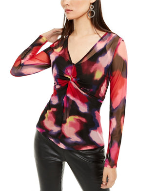 INC International Concepts Women's Printed Twist Front Top Black Size Petite Small