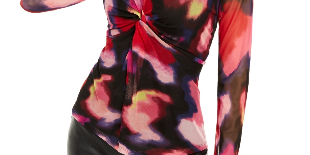 INC International Concepts Women's Printed Twist Front Top Black Size Petite Small