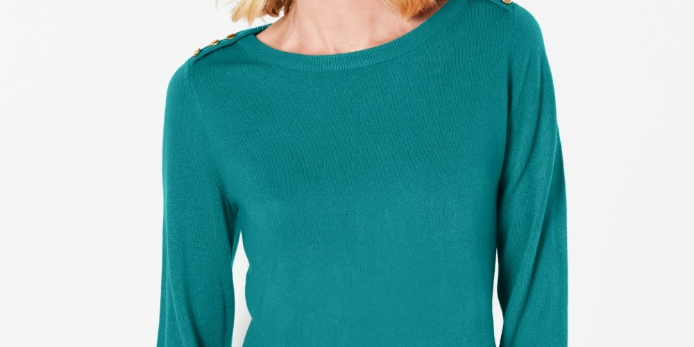 Karen Scott Women's Button Shoulder Sweater Green Size Petite Medium
