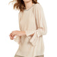 Alfani Women's Textured Stripes Embellished Neck Top Beige Size PM
