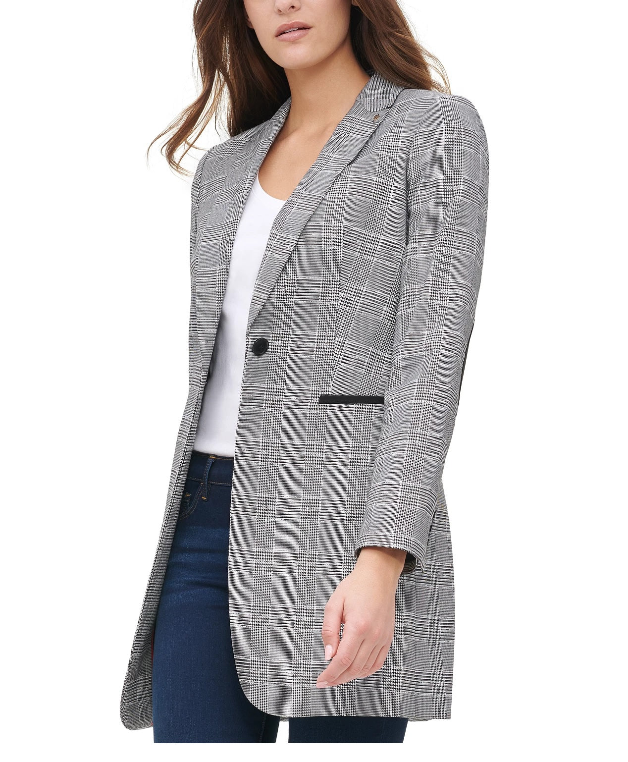 Tommy Hilfiger Women's Plaid One Button Elbow Patch Blazer Gray Size 0