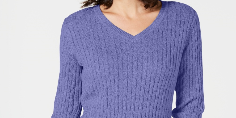 Karen Scott Women's Petite Cotton Cable-Knit Sweater Purple PS