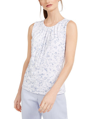 Calvin Klein Women's Floral Print Pleat Neck Top White Size X-Small