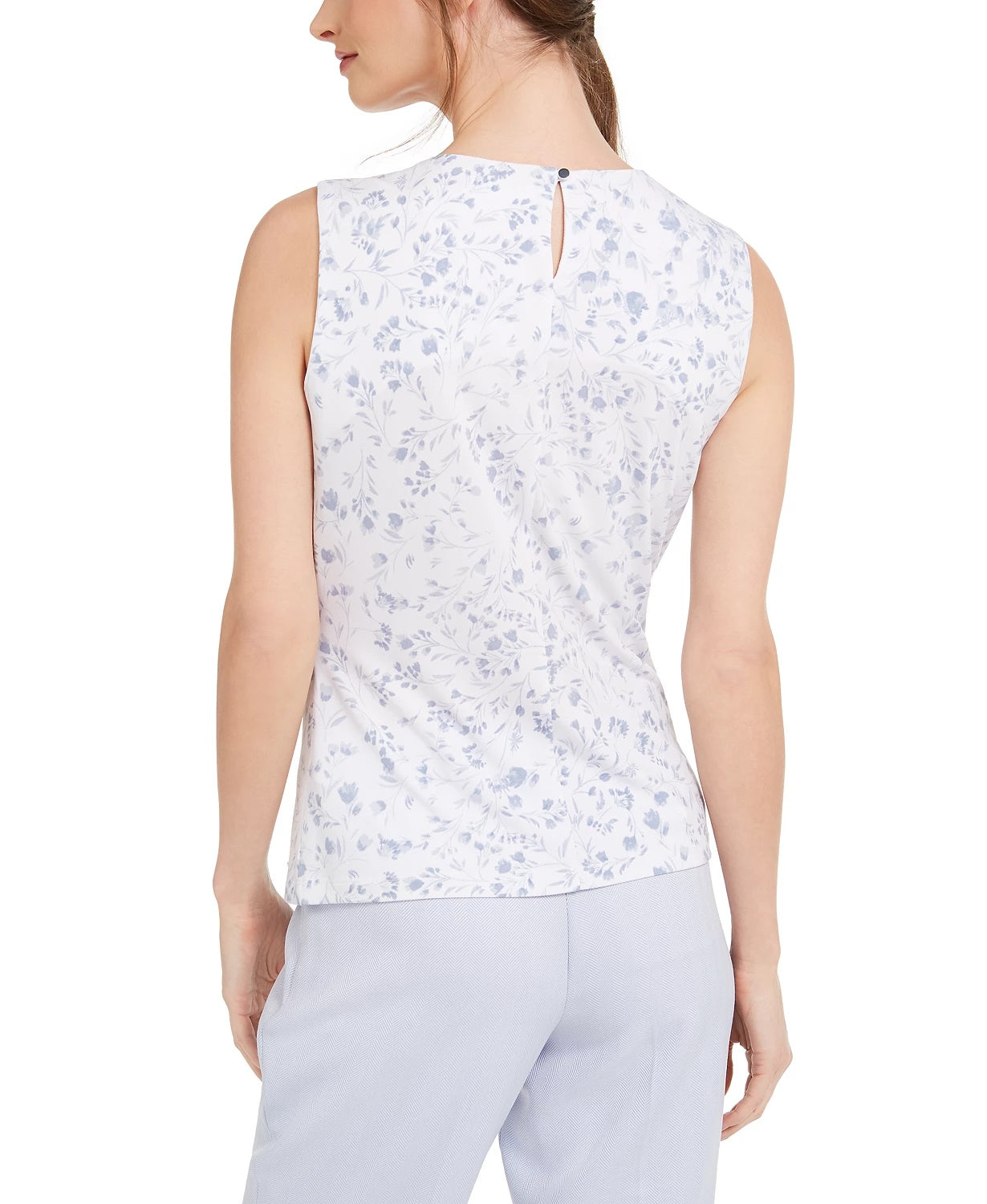 Calvin Klein Women's Floral Print Pleat Neck Top White Size X-Small