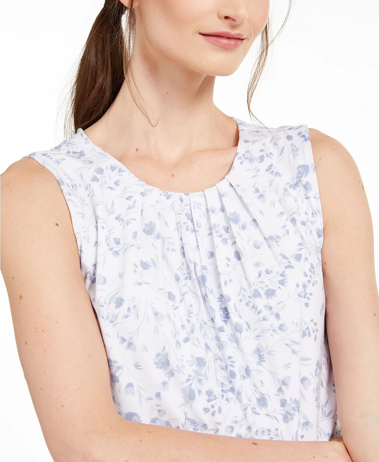 Calvin Klein Women's Floral Print Pleat Neck Top White Size X-Small