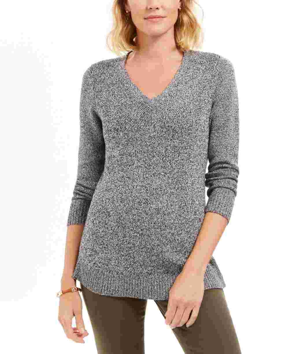 Charter Club Women's Herringbone Long Sleeve V Neck T Shirt Top Black Size PM